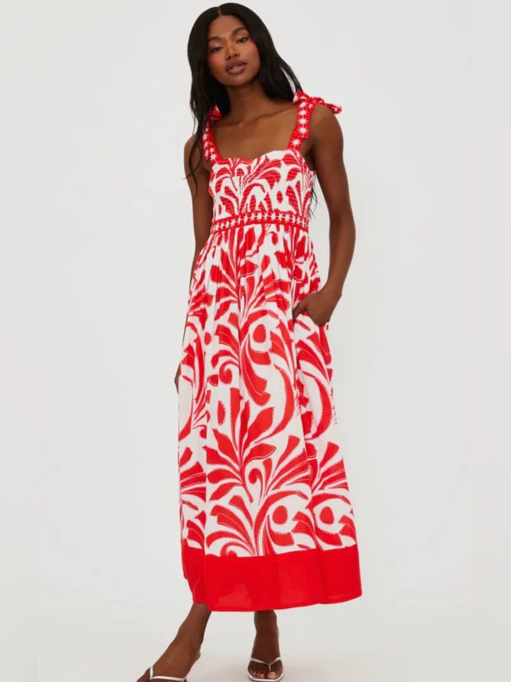 NWOT Anthropologie BEACH RIOT Red and White Printed Maxi Dress with Tie Straps